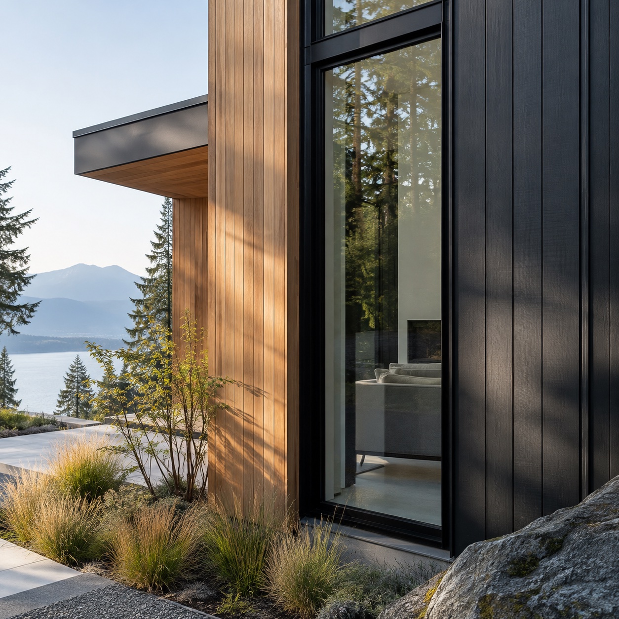 Natural cedar and charcoal siding meeting a black-framed window