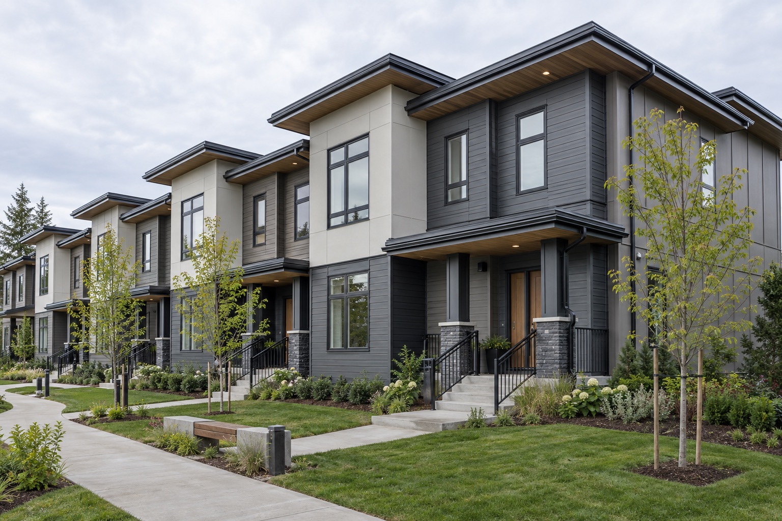 Contemporary townhouse complex with fibre cement siding and coordinated soffit and fascia